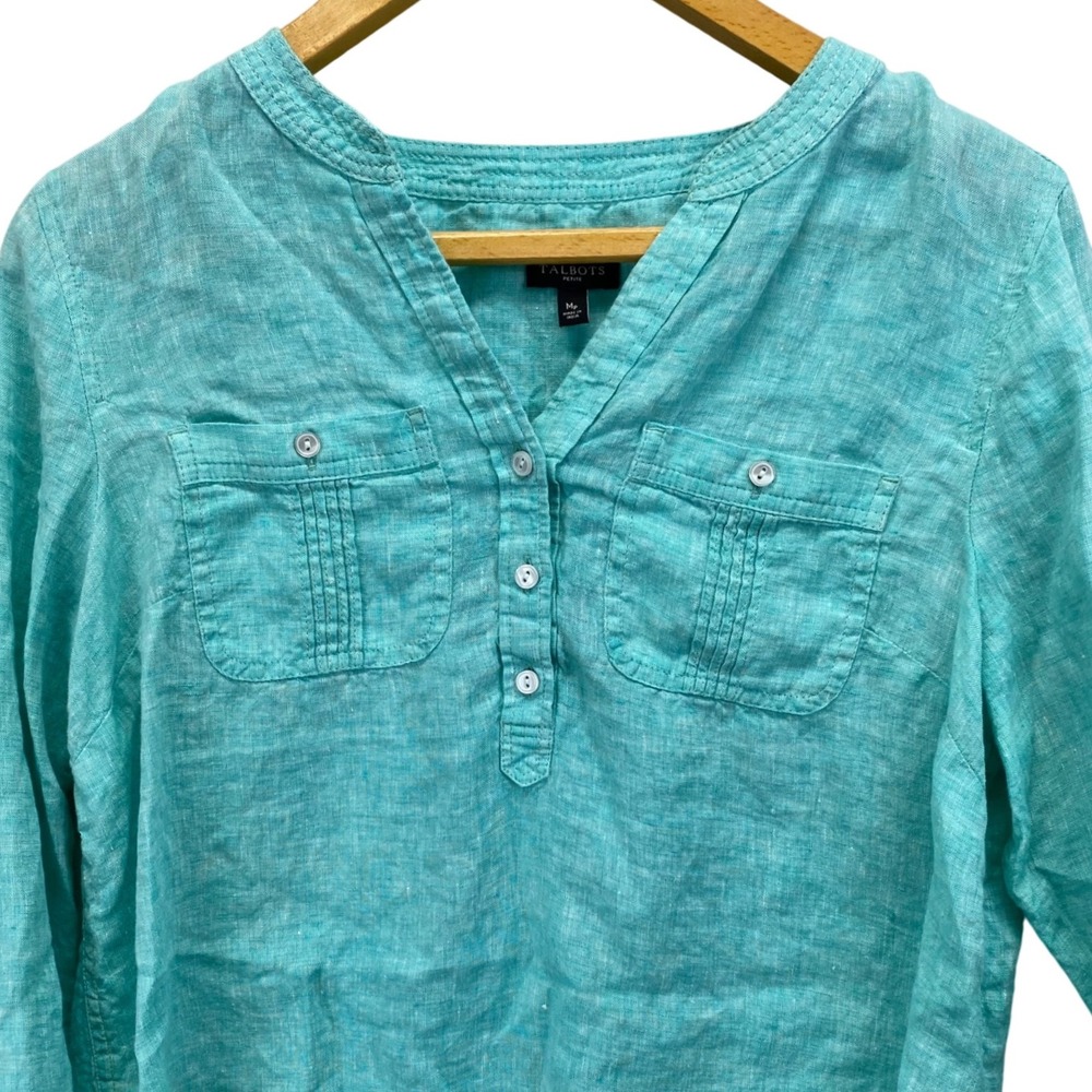 Talbots Petite Turquoise 100% Linen V-Neck Popover Roll Tab Shirt Women's Mp.